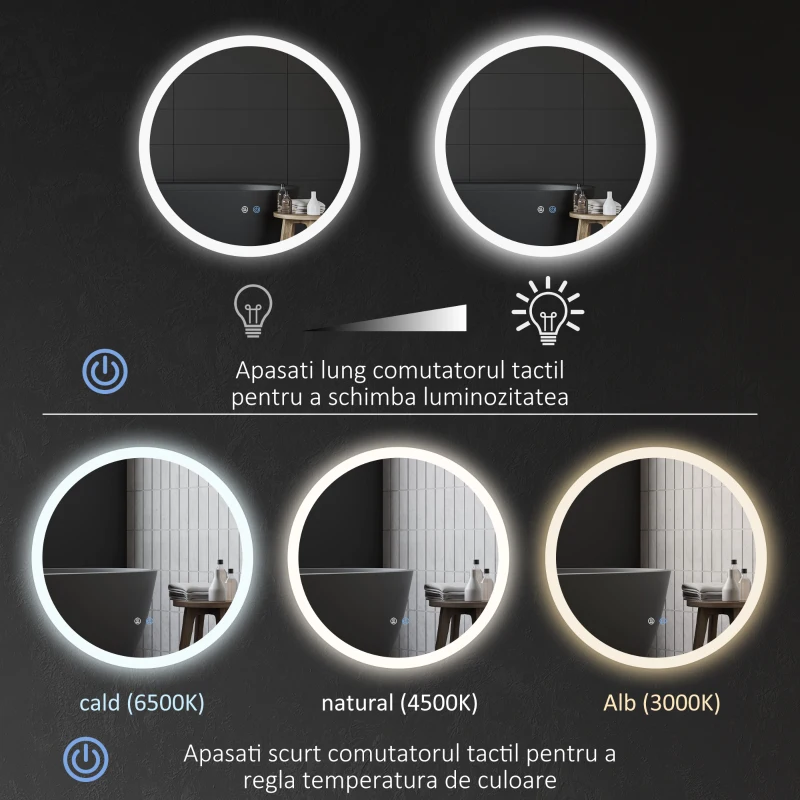 Kleankin Oglindă de baie LED rotundă, 70x70cm, cu dezaburire, funcție memorie și 3 temperaturi de lumină reglabilă