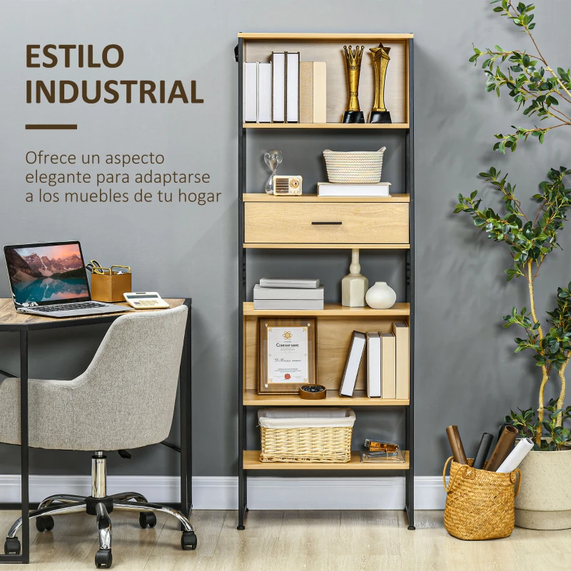 HOMCOM Estantería Estilo Industrial Estantería Librería con Cajón 2 Compartimentos Estantes y Marco de Metal 60x30x173 cm Roble