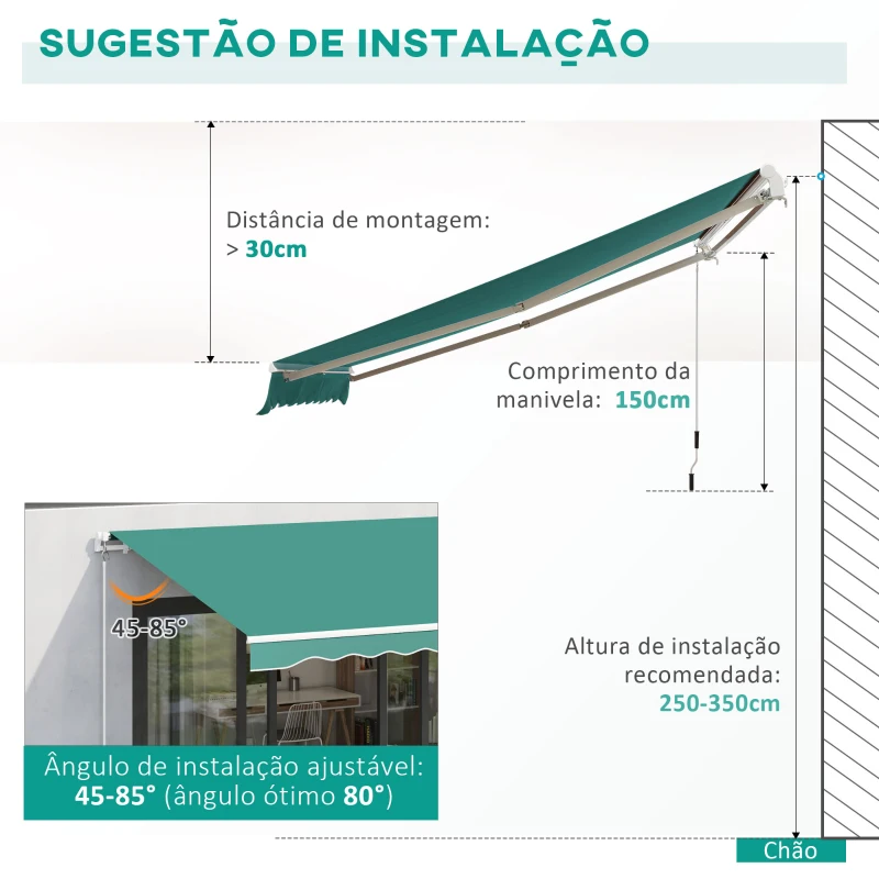 Outsunny Toldo Manual 395x245 cm Toldo de Varanda Pátio com Manivela de Alumínio e Tecido de Poliéster 280 g/m² Verde