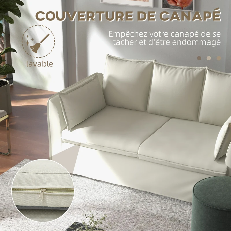 HOMCOM Canapé 3 places design épuré moderne housse amovible et coussins 191 x 76 x 88 cm pieds acier revêtement tissu blanc