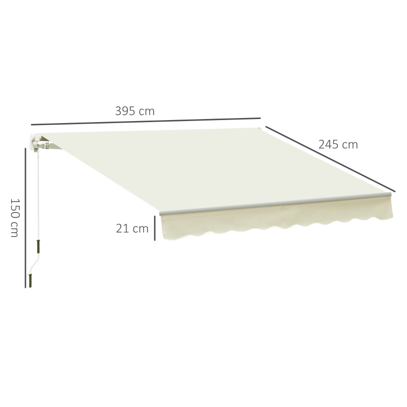 Outsunny Toldo Manual 395x245 cm Toldo de Varanda Pátio com Manivela de Alumínio e Tecido de Poliéster 280 g/m² Branco
