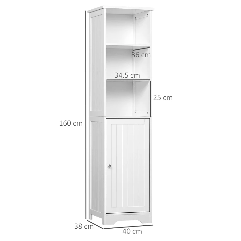kleankin Armario Alto de Baño de 5 Niveles Columna Auxiliar de Baño con 3 Estantes 1 Puerta y Balda Ajustable 40x38x160 cm Blanco