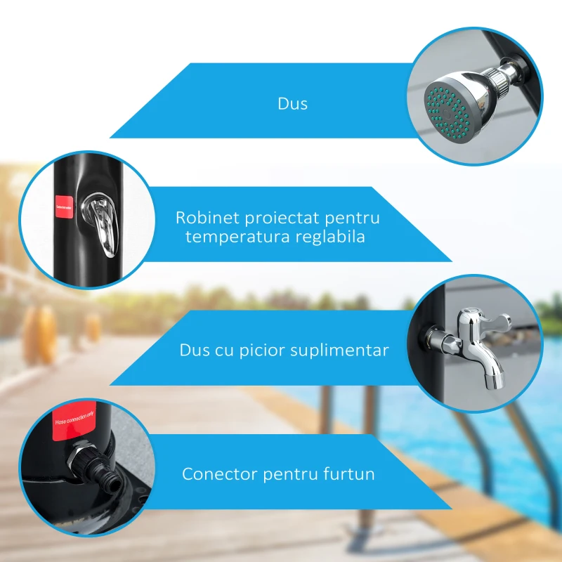Outsunny Dus de Gradina Incalzit 60° pentru Exterior,  20L , pentru Piscina si Camping, Negru