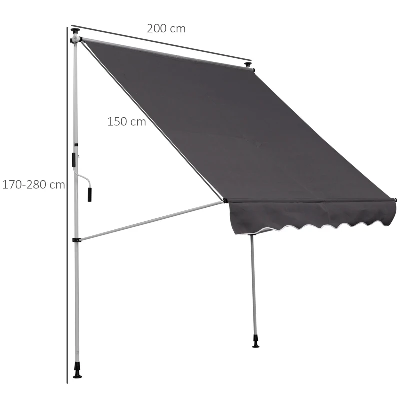 Outsunny Toldo Manual Retrátil 200x150 cm com Manivela de Alumínio Ângulo Ajustável Proteção Solar para Varanda Jardim Pátio Cinza