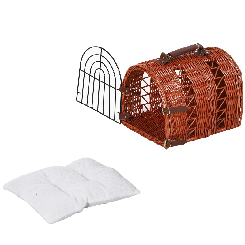 PawHut Kattenbed met kussen kattenmand transportbox met handgrepen, wilgentenen bruin