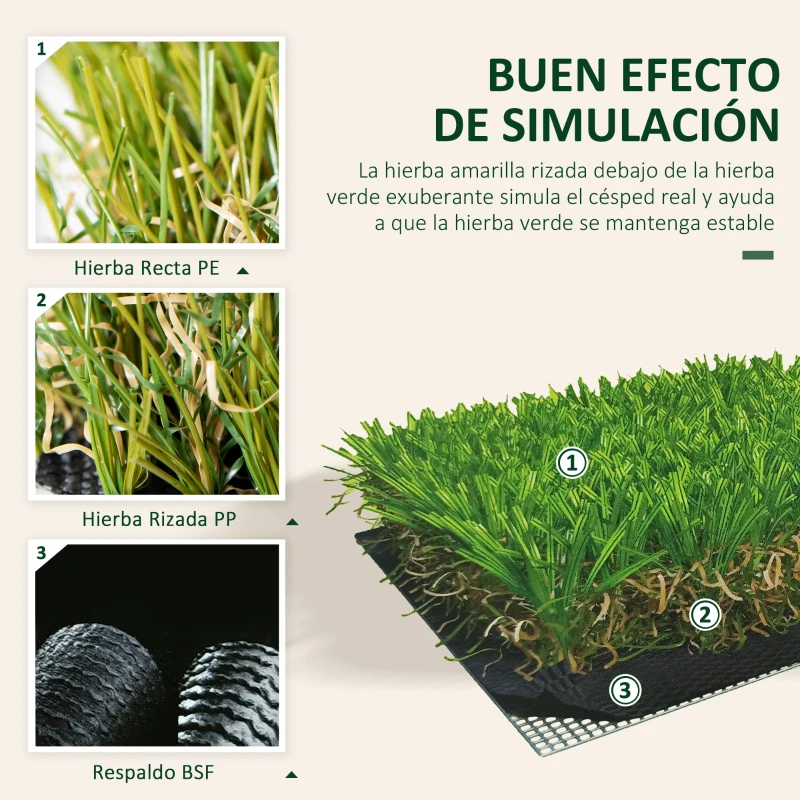 Outsunny Césped Artificial 3x1 m con Altura de Hierba 25mm Rollo de Hierba Sintética de Exterior para Jardín y Terraza