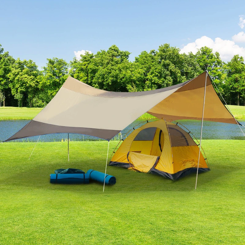 Outsunny Toldo de Refugio Impermeable Portátil 555x550 cm Carpa Tienda de Campaña Grande para Camping Color Marrón y Oro