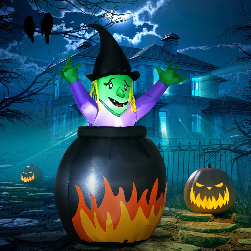 HOMCOM Halloween-Dekoration, Hexe im Hexenkessel, selbstaufblasbar, interne LED-Beleuchtung, 1,15 x 0,95 x 1,75m