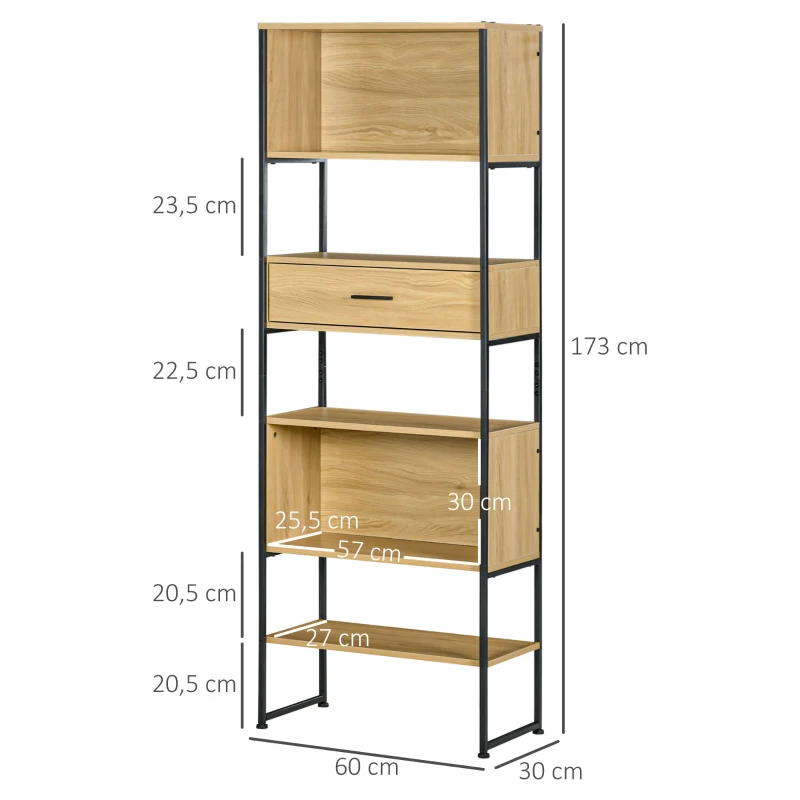 HOMCOM Estantería Estilo Industrial Estantería Librería con Cajón 2 Compartimentos Estantes y Marco de Metal 60x30x173 cm Roble