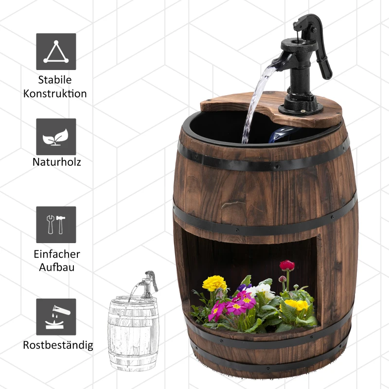Outsunny Gartenbrunnen Zierbrunnen Springbrunnen Fassbrunnen Wasserfall Holzfass mit Pflanzgefäß Tannenholz Dunkelbraun Ø27 x 59 cm