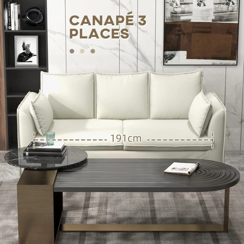HOMCOM Canapé 3 places design épuré moderne housse amovible et coussins 191 x 76 x 88 cm pieds acier revêtement tissu blanc