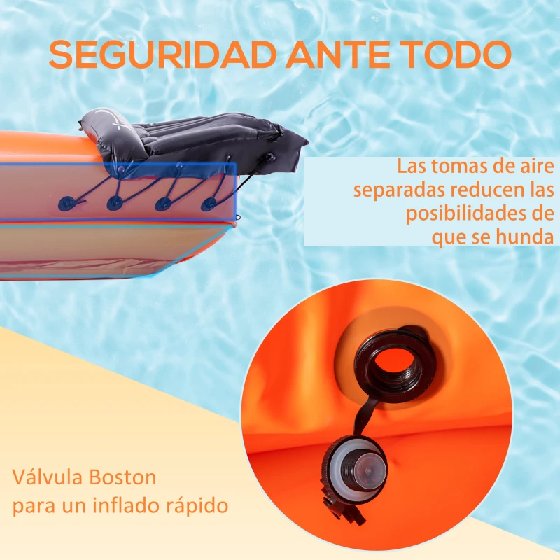 Outsunny Kayak Hinchable para 1 Persona Canoa Kayak Inflable de PVC con Remo Bomba de Mano y Kit de Reparación 270x93x50 cm Naranja