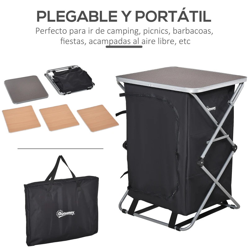 Outsunny Armario Cocina de Camping Plegable con Paravientos 3 Estantes Bolsa de Almacenamiento Encimera 58X65x93 cm para Exterior Acampadas Picnics Tela Oxford Negro