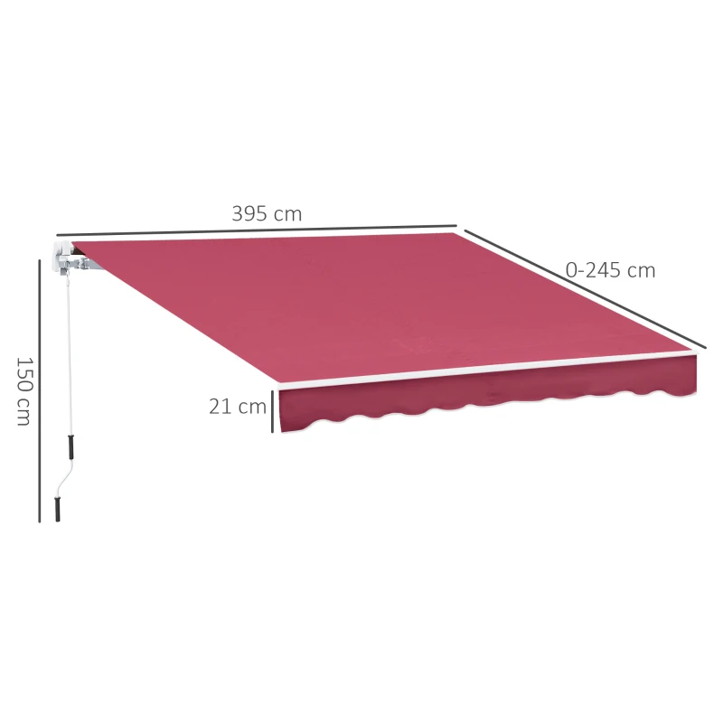 Outsunny Toldo Manual 395x245 cm Toldo de Varanda Pátio com Manivela de Alumínio e Tecido de Poliéster 280 g/m² Vinho
