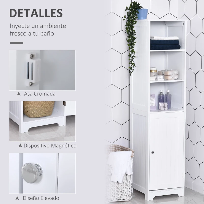 kleankin Armario Alto de Baño de 5 Niveles Columna Auxiliar de Baño con 3 Estantes 1 Puerta y Balda Ajustable 40x38x160 cm Blanco