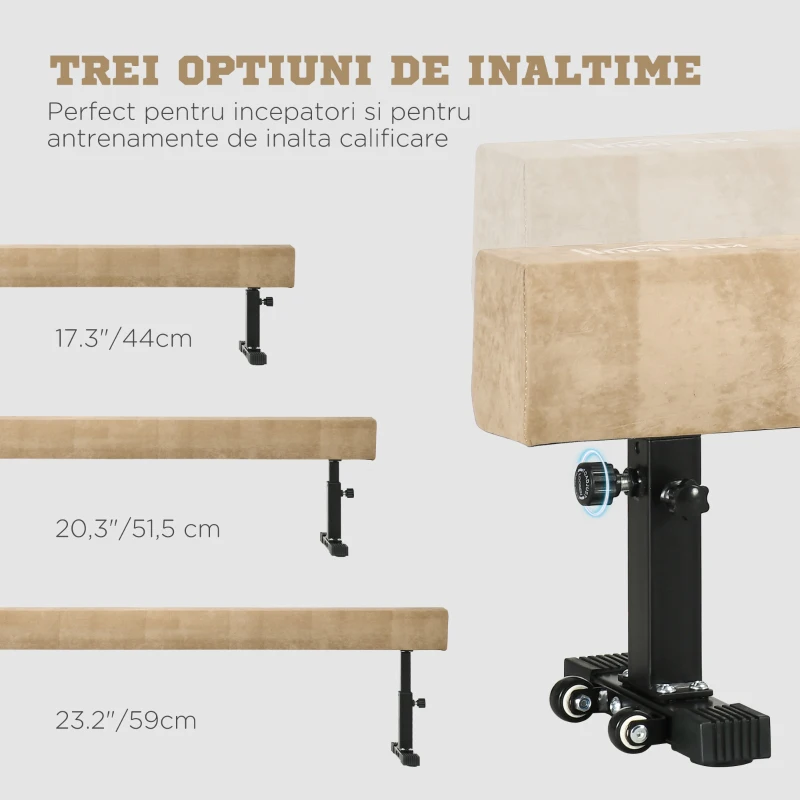 HOMCOM Barna de echilibru reglabila 2.3m, Barna de gimnastica cu roti, Echipament de gimnastica pentru antrenamentul copiiilor de 6+ ani si pentru antrenamentul profesionist acasa