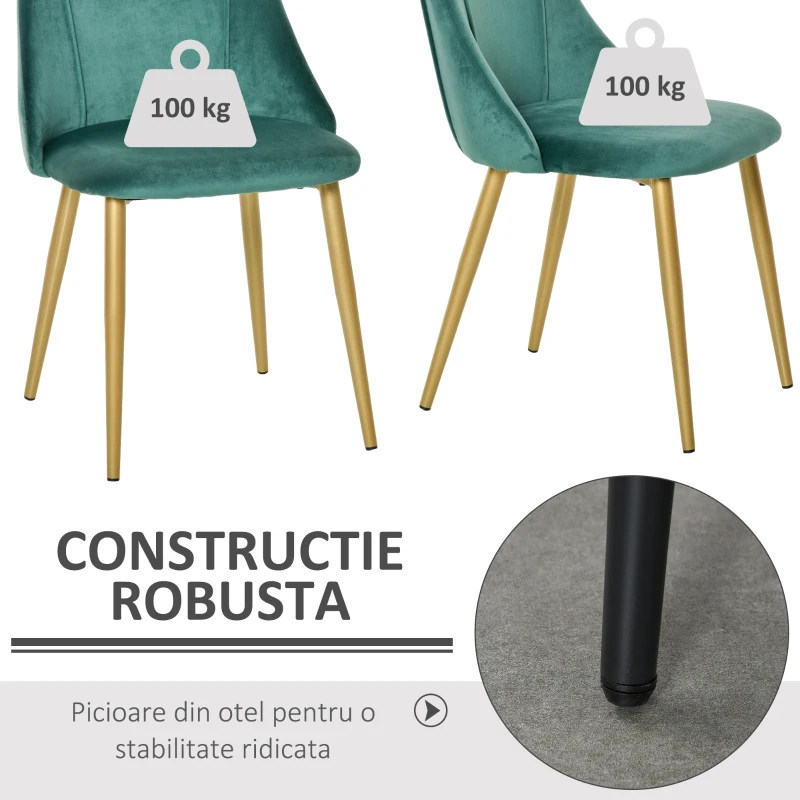 HOMCOM Scaune Moderne și Capitonate, Set din 2 Piese pentru Salon, Sufragerie, Bucătarie sau Zona de Servit Masa, 50x56.5x85 cm, Verde