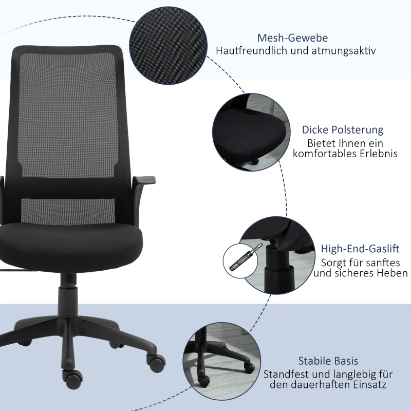 Vinsetto Bürostuhl Kopflehne Home-Office-Stuhl höhenverstellbarer Schreibtischstuhl ergonomisch 360°-Drehräder Büro Schaumstoff Nylon Schwarz 62 x 62 x 113-122 cm