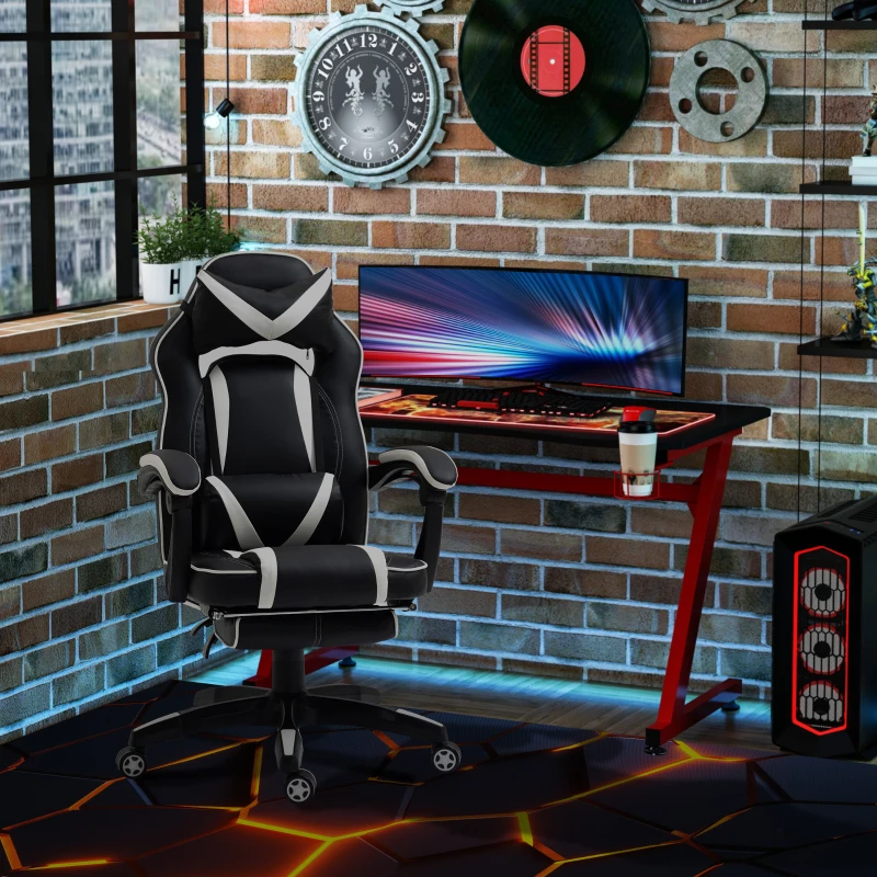 Vinsetto Gaming-Stuhl Bürostuhl Drehstuhl Chefsessel mit Fußstütze Rückenlehne Kissen verstellbar Kunstleder Weiß+Schwarz 65x64x114-123,5 cm