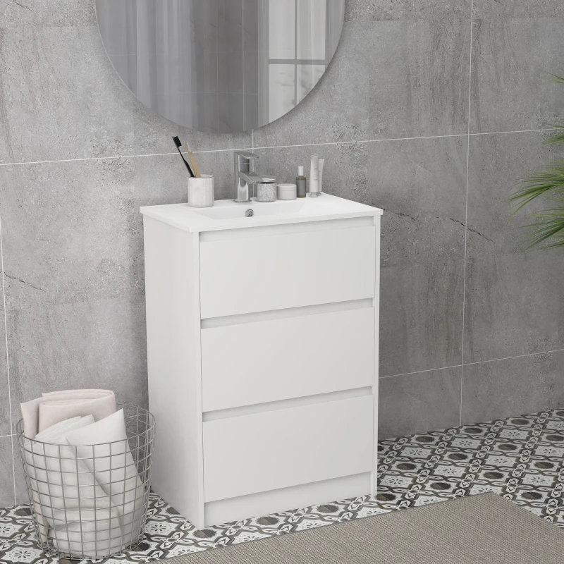 kleankin 600mm Bathroom Vanity Unit with Basin and Single Tap Hole, High Gloss White Floor Standing Bathroom Sink Unit with 2 Drawers