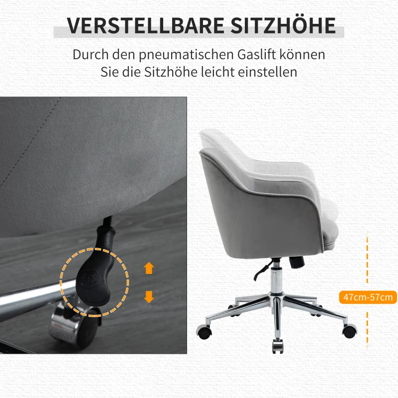 Vinsetto Bürostuhl mit Wippenfunktion  Home-Office-Stuhl höhenverstellbarer Schreibtischstuhl ergonomisch 360°-Drehräder Samt-Touch-Polyester Nylon Hellgrau 61 x 59 x 80,5-90,5 cm