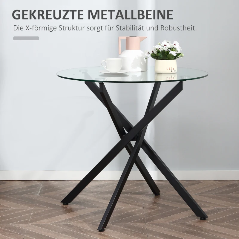 HOMCOM Moderner Glas-Esstisch, 80 cm Durchmesser, Küchentisch mit gehärteter Glasplatte und Metallbeinen, für 4 Personen