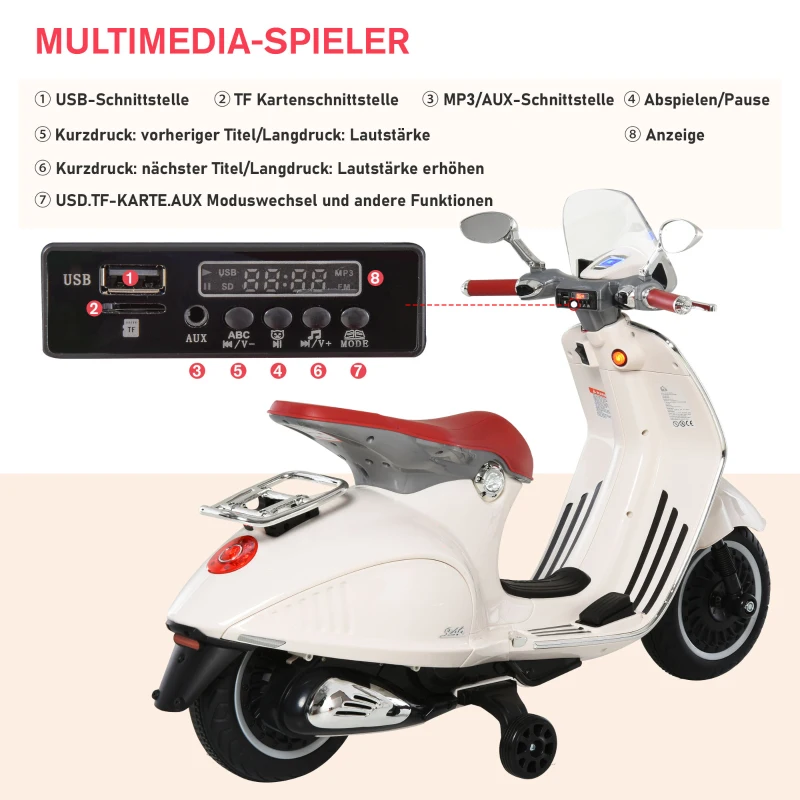 Motocykl dla dzieci HOMCOM z muzyką MP3 marki VESPA biały