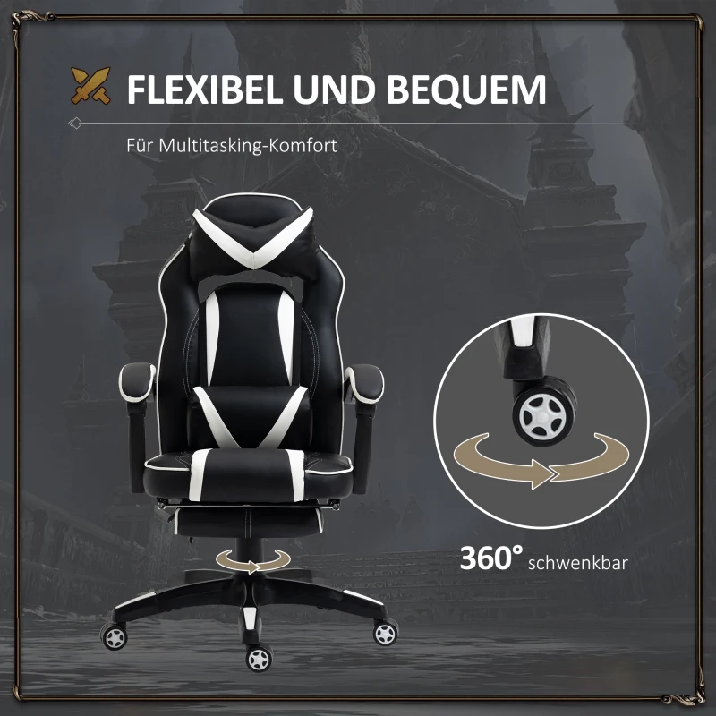 Vinsetto Gaming-Stuhl Bürostuhl Drehstuhl Chefsessel mit Fußstütze Rückenlehne Kissen verstellbar Kunstleder Weiß+Schwarz 65x64x114-123,5 cm