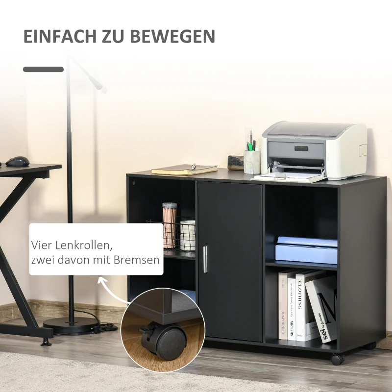 Vinsetto Druckertisch mit Rollen Druckerständer Aktenschrank Bürowagen Rollwagen mit 4 Fächern 1 Tür Schwarz 100 x 40 x 71 cm