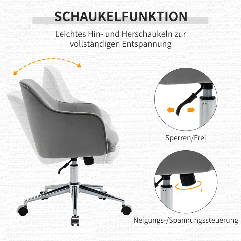 Vinsetto Bürostuhl mit Wippenfunktion  Home-Office-Stuhl höhenverstellbarer Schreibtischstuhl ergonomisch 360°-Drehräder Samt-Touch-Polyester Nylon Hellgrau 61 x 59 x 80,5-90,5 cm
