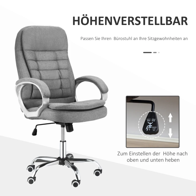 Vinsetto Bürostuhl Arbeitsstuhl Schreibtischstuhl Drehstuhl 360° Ergonomisch Wippfunktion Höhenverstellbar Grau Leinen 64 x 75 x 111-121 cm