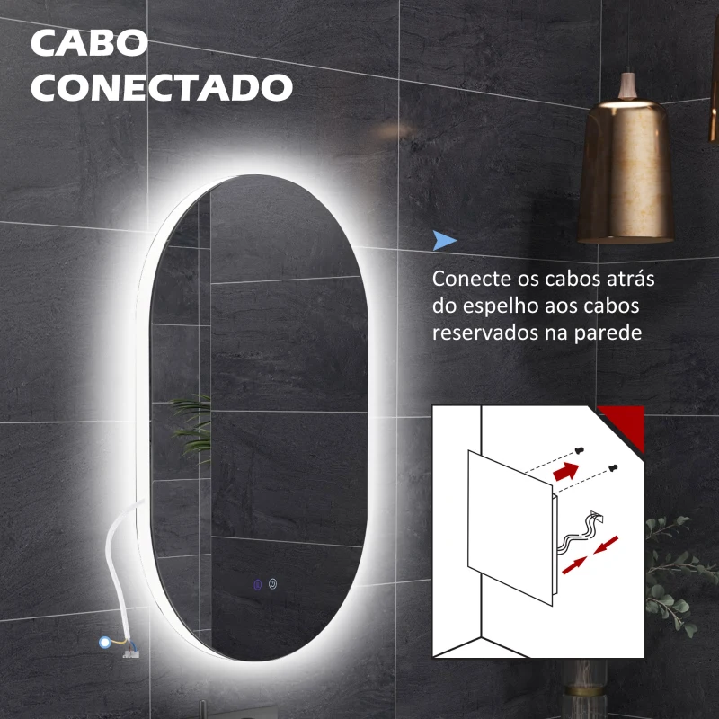 kleankin Espelho Casa de Banho com Luzes LED 81x51 cm 3 Cores Ajustáveis Função Antiembaciamento e Interruptor Tátil Prata
