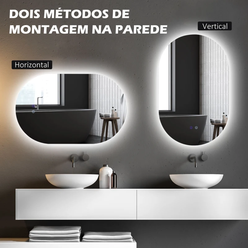 kleankin Espelho Casa de Banho com Luzes LED 81x51 cm 3 Cores Ajustáveis Função Antiembaciamento e Interruptor Tátil Prata