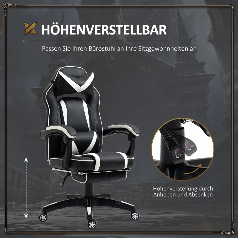 Vinsetto Gaming-Stuhl Bürostuhl Drehstuhl Chefsessel mit Fußstütze Rückenlehne Kissen verstellbar Kunstleder Weiß+Schwarz 65x64x114-123,5 cm