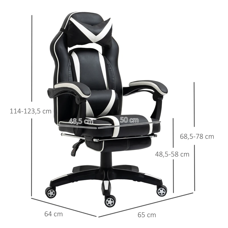 Vinsetto Gaming-Stuhl Bürostuhl Drehstuhl Chefsessel mit Fußstütze Rückenlehne Kissen verstellbar Kunstleder Weiß+Schwarz 65x64x114-123,5 cm