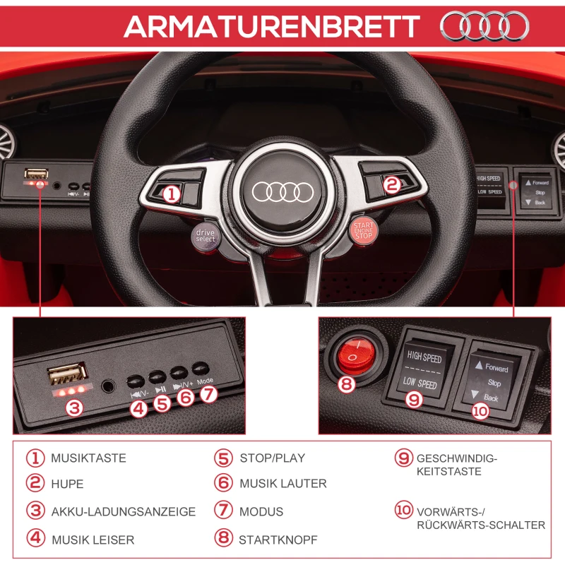 HOMCOM Elektryczne Autko dla Dzieci 12V z Pilotem 2,4G, Muzyką, Klaksonem, Pojazd z Oświetleniem LED, Port USB/MP3, Funkcją Do Tyłu, dla Dzieci 3-5 Lat, Czerwony