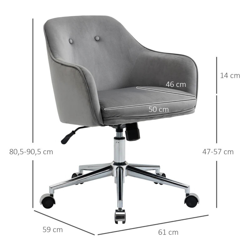 Vinsetto Bürostuhl mit Wippenfunktion  Home-Office-Stuhl höhenverstellbarer Schreibtischstuhl ergonomisch 360°-Drehräder Samt-Touch-Polyester Nylon Hellgrau 61 x 59 x 80,5-90,5 cm