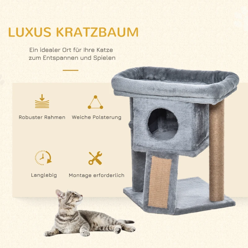 PawHut drapak dla kota z jutową matą do drapania drążek do siedzenia wisząca piłeczka drapak mebel dla kota z otworem drzwiowym mebel dla zwierzaka domowego MDF plusz juta kolor jasnoszary 40 x 40 x 57 cm