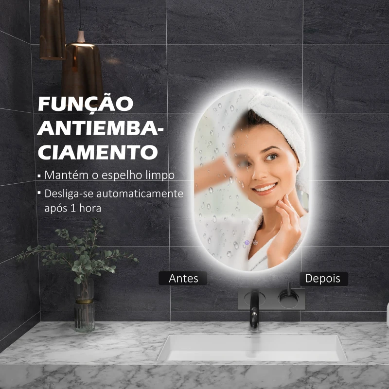 kleankin Espelho Casa de Banho com Luzes LED 81x51 cm 3 Cores Ajustáveis Função Antiembaciamento e Interruptor Tátil Prata