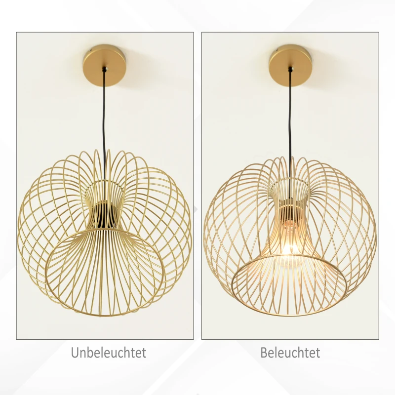 HOMCOM Lampa wisząca w stylu vintage, sufitowa, E27, regulowana wysokość, złoty kolor