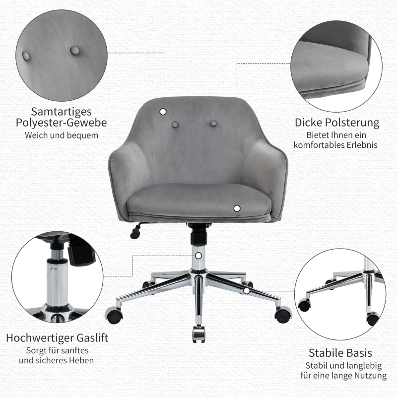 Vinsetto Bürostuhl mit Wippenfunktion  Home-Office-Stuhl höhenverstellbarer Schreibtischstuhl ergonomisch 360°-Drehräder Samt-Touch-Polyester Nylon Hellgrau 61 x 59 x 80,5-90,5 cm