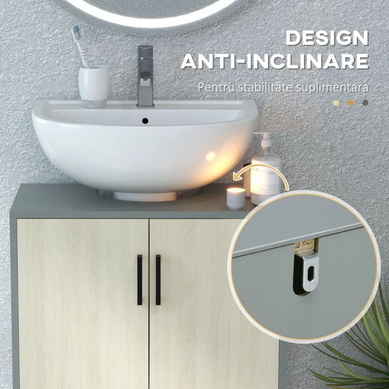 kleankin Dulap sub Chiuvetă, Dulap de Depozitare pentru Chiuvetă cu Uși Duble și Raft, 60x30x60 cm, Lemn Natural