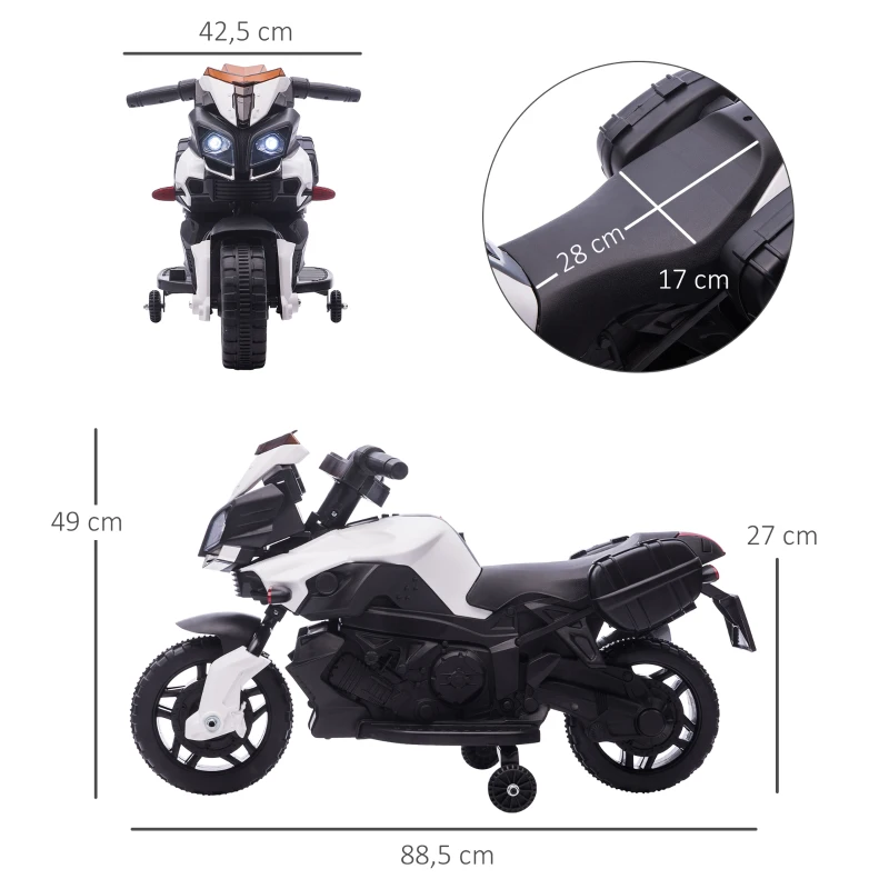 HOMCOM Elektromotorrad Kinderelektroauto Elektro-Kindermotorrad Kinderfahrzeug 6V LED-Licht simuliertes Motorgeräusch Metall+PP Schwarz+Weiß 88,5x 42,5x49 cm