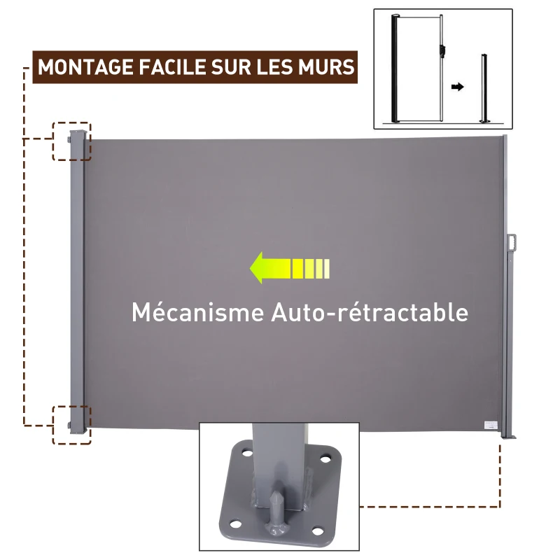 Outsunny Store latéral brise-vue rétractable 300 x 200 cm, paravent extérieur en aluminium, protection solaire, brise-vue extensible pour balcon, jardin, terrasse, gris