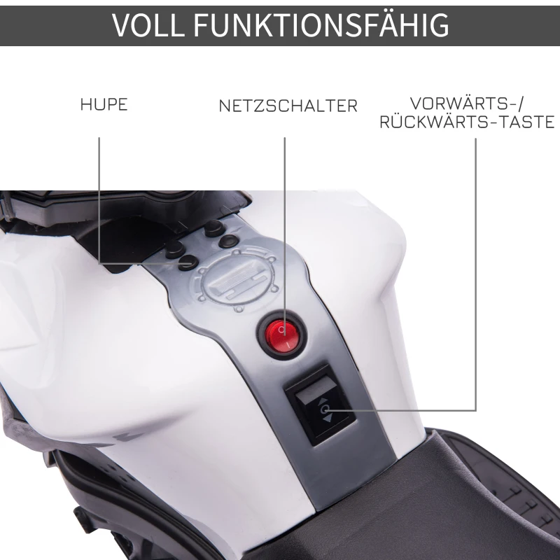 HOMCOM Elektromotorrad Kinderelektroauto Elektro-Kindermotorrad Kinderfahrzeug 6V LED-Licht simuliertes Motorgeräusch Metall+PP Schwarz+Weiß 88,5x 42,5x49 cm