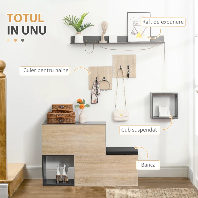 HOMCOM Organizator de intrare cu banca de pantofi, cuier pentru hol cu suport pentru haine si raft, gri si natural