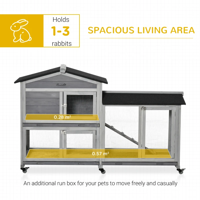 PawHut Two-Tier Rabbit Hutch Outdoor and Run Wooden Mobile Guinea Pig Hutch Bunny Cage w/ Wheels, Run, Slide-Out Tray, Ramp 157.4 x 53 x 99.5 cm, Light Grey(m-4)