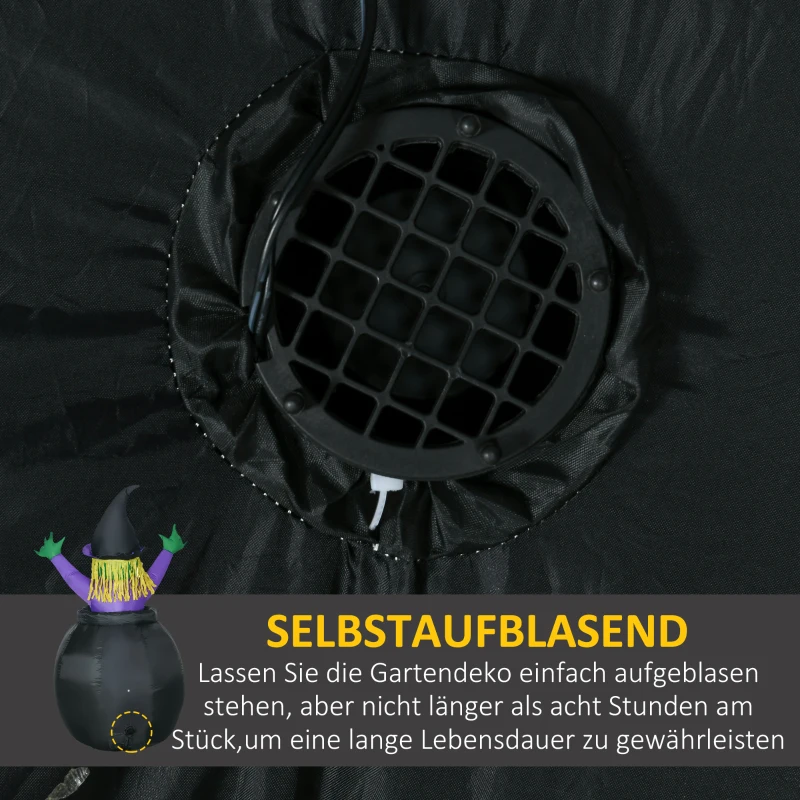 HOMCOM Halloween-Dekoration, Hexe im Hexenkessel, selbstaufblasbar, interne LED-Beleuchtung, 1,15 x 0,95 x 1,75m