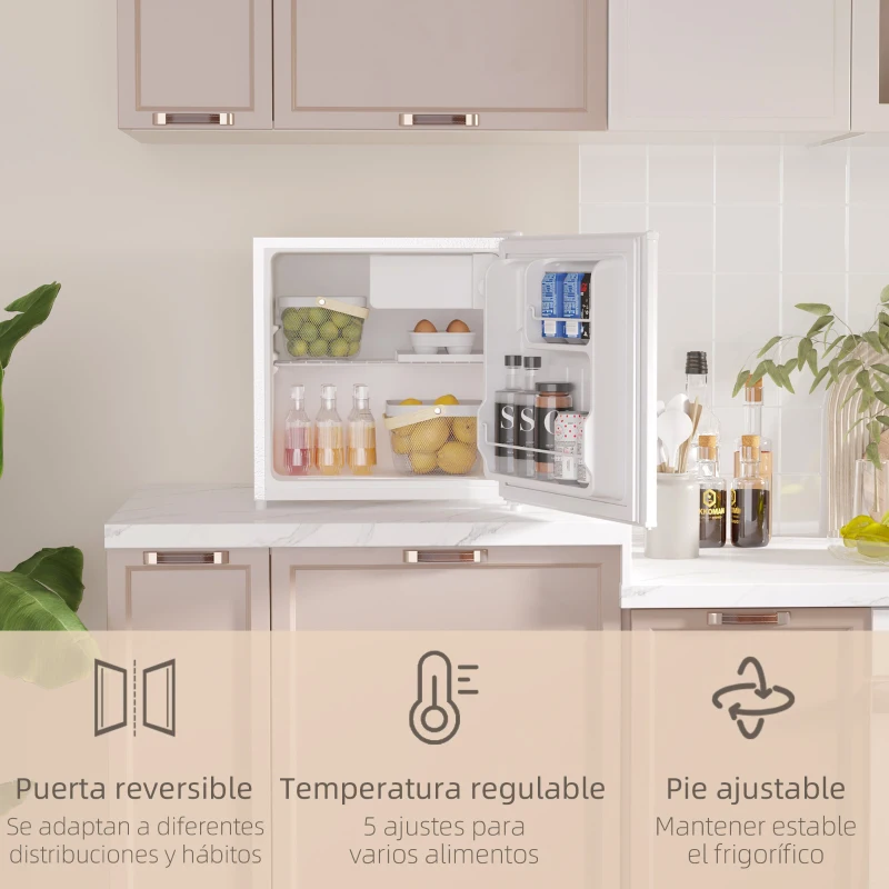 HOMCOM Mini Nevera Silenciosa 46 L Clase F Frigorífico Pequeño con Temperatura Regulable y Puerta Reversible 48x44x49 cm Blanco