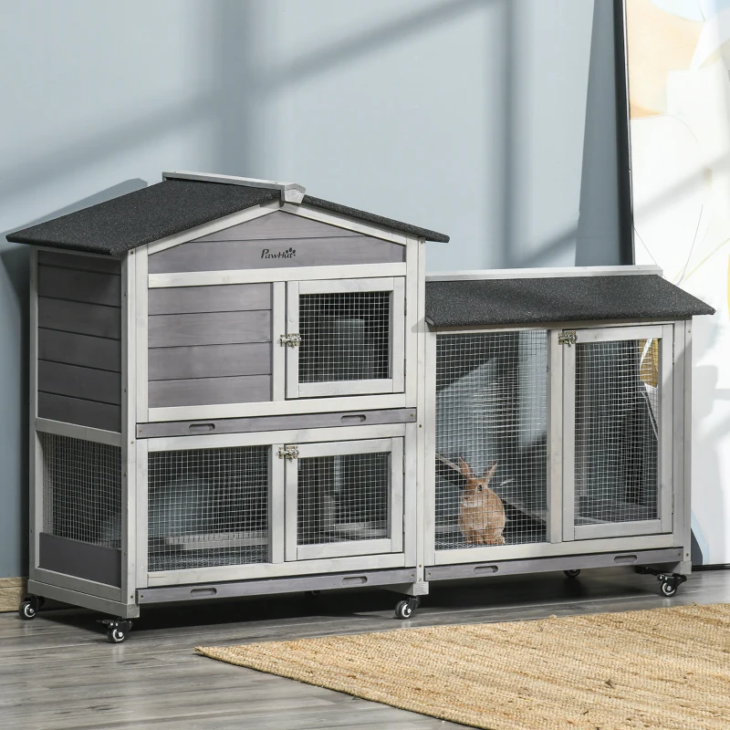 PawHut Two-Tier Rabbit Hutch Outdoor and Run Wooden Mobile Guinea Pig Hutch Bunny Cage w/ Wheels, Run, Slide-Out Tray, Ramp 157.4 x 53 x 99.5 cm, Light Grey(m-10)